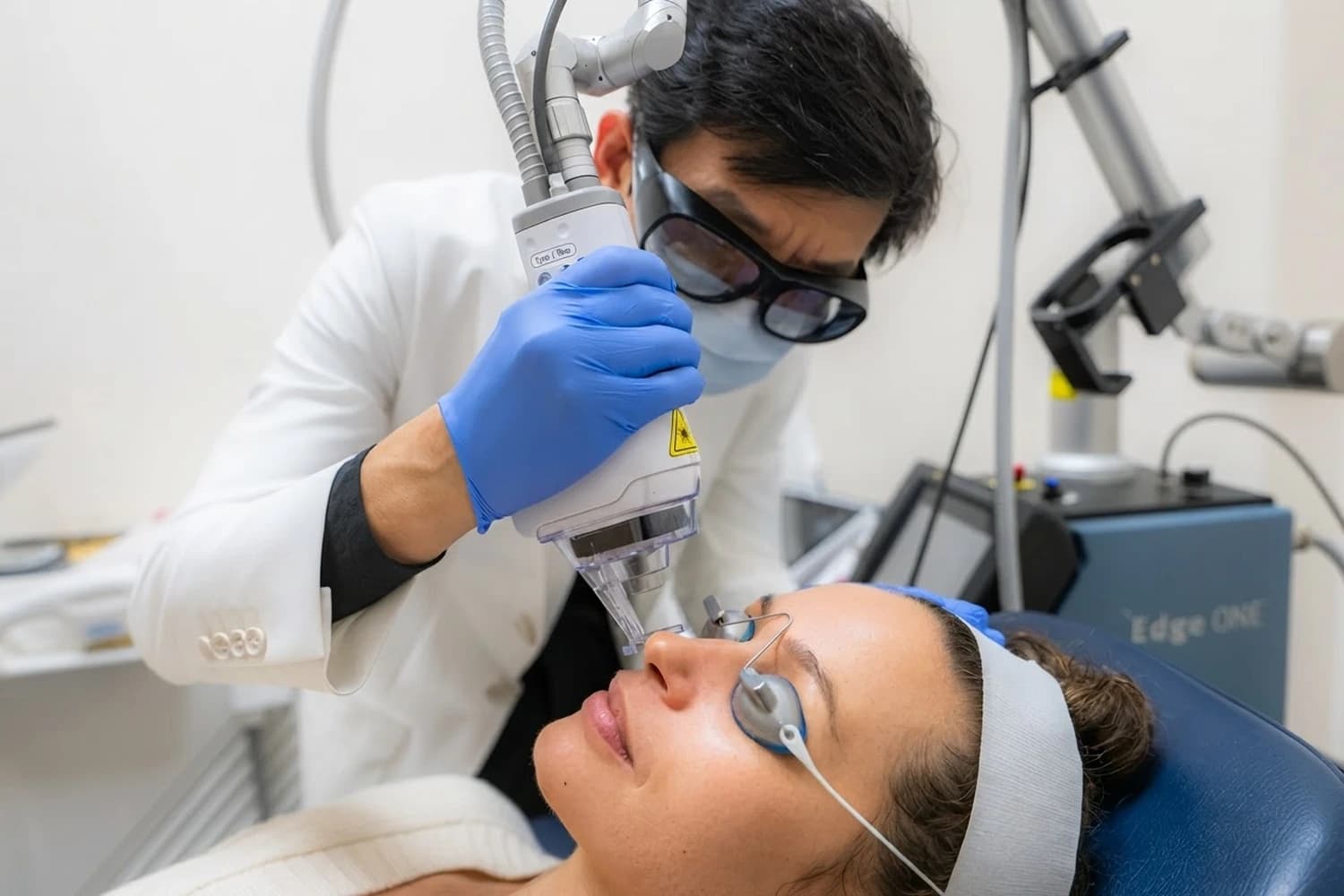 Dr. Sung using a laser skincare device on a patient